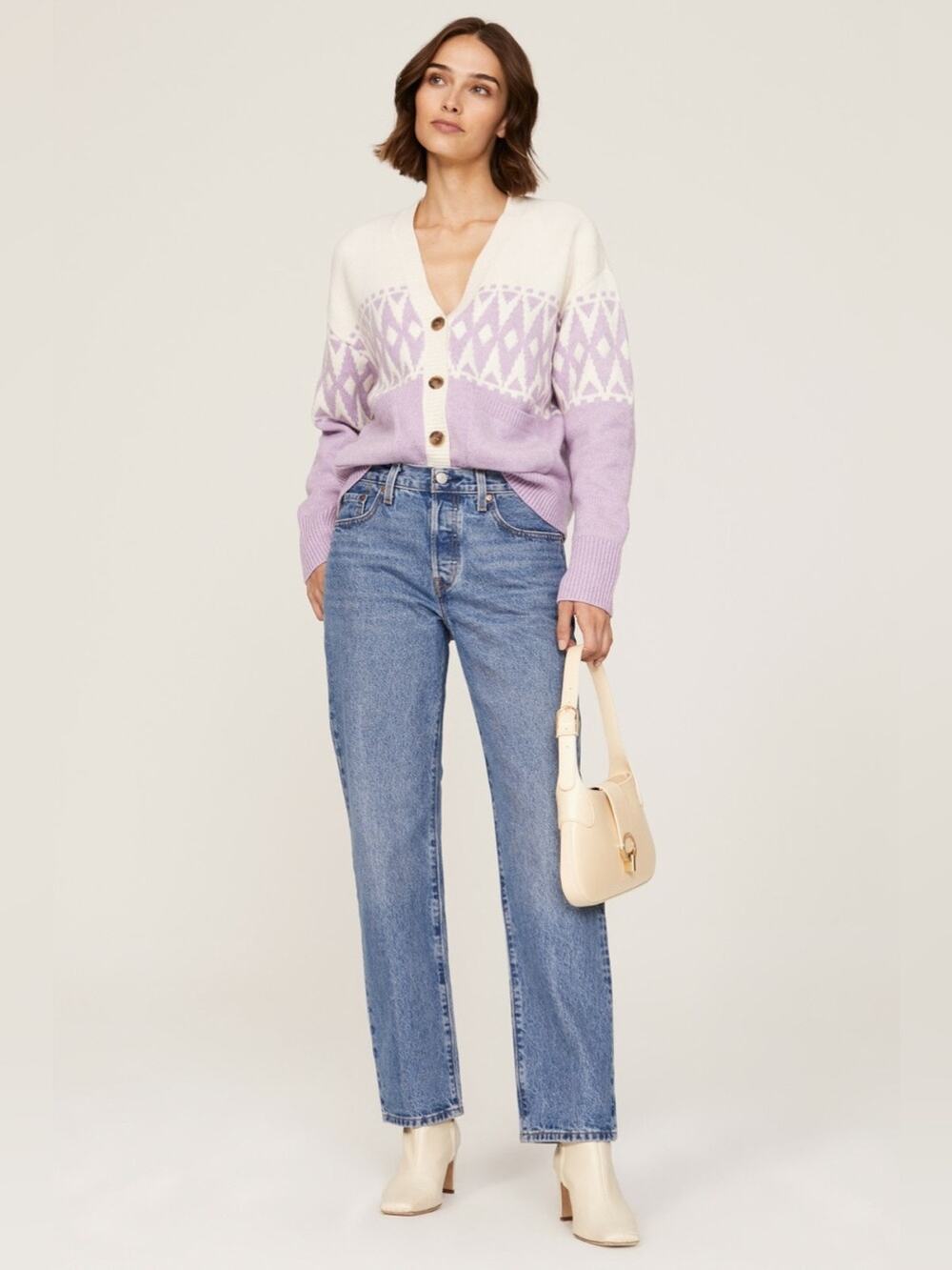 DEREK LAM Cream and Lavender Geometric Knit Cardigan